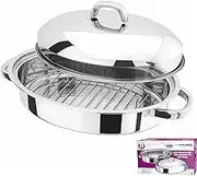 Prima Kitchenware New 32cm Stainless Steel Roasting Tray Pan Oval Set with Removable Rack Cooking Baking Sturdy Handles, Silver
