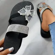 [XBCDX] Women's Thong Wedge Sandals Flip Flops 3D Rhinestone Butterfly Open Toe Platform Sandals Comfy Slip on Slides Summer Beach Slippers,White,US7/EU38