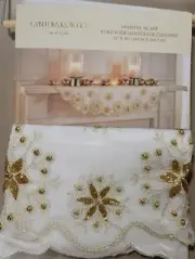 Cynthia Rowley Christmas Mantel Scarf Gold White Embroidered