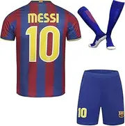 [PraiseLight] Barcelona Limited #10 Home Football Kids Jersey Pad Shorts Socks Set Nostalgia Youth Sizes (Blue/Red, 30)