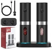 BONNIGHT Electric Salt and Pepper Grinder Set, Automatic Salt & Pepper Mill Refillable with Rechargeable Base, USB Cables, 2 Adjustable Coarseness Mills, One Hand Operation, LED Light