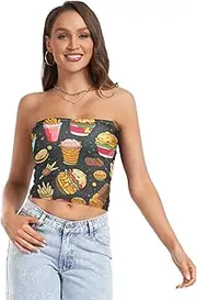 [RPLIFE] Colorful Fast Food Hamburgers Summer Tops, Strapless Crop Top, Mesh Tube Tops, Trendy Crop Tops (S)