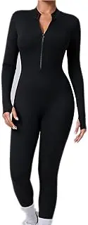 [DSAoTeng] Women Long Sleeve Zip Front Workout Jumpsuit-With Thumbhole Stretchy Ribbed Bodycon One Piece Unitard for Yoga Gym Athletic Daily Wear