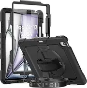 Herize iPad Air 13 Inch Case Cover 2025/2024 M3/M2 with Screen Protector&Pen Holder|iPad Air 13 Case for Kids A2898 A2899|Heavy Duty Shockproof Rugged Protective Case W/Handle Sholuder Strap|Black