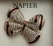 Napier Rhinestone Bow Red /Crystal Glass Brooch / Pin 2"
