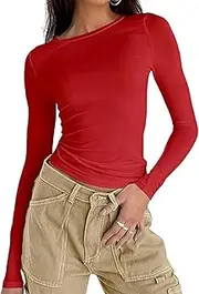 [OYIGELZ] Long Sleeve Women's Classic Basic T-Shirt Crop Tops Y2K Slim Fit Tops Sweatshirt Casual Crew Neck Tee Shirt, red, M