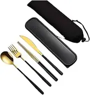 Travel Utensils Portable Cutlery Dinner Knife Fork Spoon Chopsticks Four-Piece Suit with Box Travel Flatware(Gold-Black)