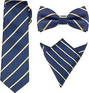 [Elerevyo] Men's Stripe Neck Tie Set Pre-Tied Bow Ties with Pocket Square Sets for Tuxedo Suits