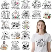 Shejdgart Dtf Transfers Ready to Press - 20 Pcs Skeleton Reading Iron on Patches for T-Shirts, Skull Heat Transfer Vinyl Stickers, Flower Book Iron on Decals for Clothes Bag DIY Fabric Decor