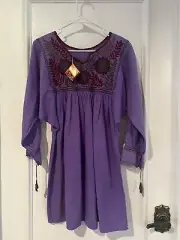 Handmade Hand Embroidered Blouse Cotton Purple Peasant Mayan Chiapas Mexico