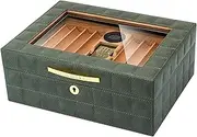 [GUKGUCZQ] Leather Cedar Wood Cigar Box, Transparent Cigar Storage Box, Leather Facing + Double-Layer Design + Metal Hinge + 50-Piece Storage Capacity- 325 * 245 * 125mm, Dark Green,Green