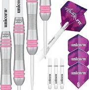 Unicorn Steel Tip Darts Set | Autograph Series | 80% Natural Tungsten Barrels with Pink Accents | 19g, 21g, 22g, 23g, 24g, 25g, 26g, 28g or 30g