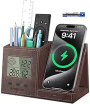 Investme Pen Holder for Desk, Desk Organizer with Wireless Charger, Built in Digital Indoor Thermometer and Humidity Monitor, Multi-Functional Pencil Organizer for Home Office Supplies, Brown