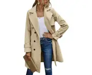 Ladies Trench Coat Double Breasted Long Coat Classic Autumn Spring Jacket Windproof Coat L