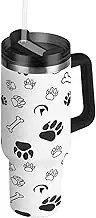 RPLIFE Black White Dog Paw Prints Tumbler with Handle 30 Oz Coffee Cup with Straw, Stainless Steel Tumblers for Women Men Travel