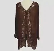 Susan Graver Blouse Sz 1X Chocolate Brown Beaded Sheer Lg Slv Hook & Eye Closure