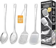 4 Pcs Cooking Utensils Set, Stainless Steel Kitchen Utensils, Heat Resistant Metal Kitchen Tools Include Solid & Slotted Turner Wok Spatula, Serving Spoon, Ergonomic Handle, Easy to Clean, Silver