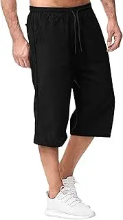 [JEShifangjiusu] Men's Causual 3/4 Long Cotton Shorts Drawstring Elastic Waist Cargo Straight Shorts Wide Leg Baggy Pants, Black A1, L