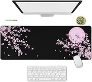 Japanese Cherry Blossom Sakura Mouse Pad Black XL, Extended Large Mouse Pad, Kawaii Pink Black Mousepad, Moon Floral Long Big Desk Mouse Mat, Cherry Blossom Decor Stuff Accessories, 31.5 X 11.8 Inch