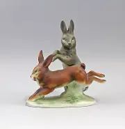 9942774-ds Porcelain Figurine Hare Group Colourful Bisquir Wagner&apel H19cm