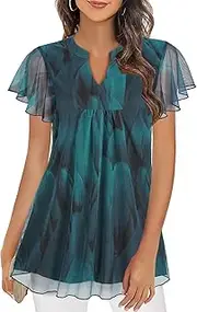 [Syphiby] Flutter Sleeve Tops for Women Dressy Casual V Neck Layered Chiffon Blouses Floral Print Shirts Wedding Party Beach Flowy Tunics