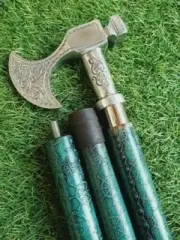 Axe Brass Handle & Leather Wrist Strap -92 cm Antique Tiger wood Walking Stick
