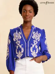 Love & Roses Cobalt Blue Pie Crust Detail 3/4 Sleeve Blouse (AN8530) | $90
