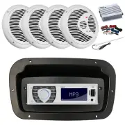Pyle Marine Radio,Adapter,Spa Bezel,Antenna,Amp,Kit, 4x 6.5" 150W White Speaker
