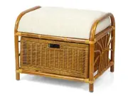 Krit Ottoman Rattan Wicker Rectangular Stool Pouf with Basket w/ Cushion,Cognac