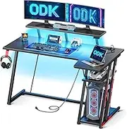 ODK L Shaped Gaming Desk with LED Lights& Power Outlets, Gaming Table with Monitor Stand, Corner Gaming Desk with Storage&Hook,Modern Simple Computer PC Desks, 120 * 70 * 92.8cm, Carbon Fiber Black