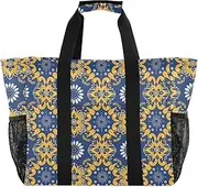 [sanluoli] Tote Bag For Women Foldable Beach Bag Water Resistant Canvas Car Tote Bag, Yellow Blue Patterned Bohemian Floral, 1 size