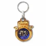 Wooden Good Luck Hamsa Key Chain Keychain Zodiac Sign - Taurus - Made in Israel