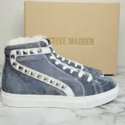 Steve Madden Tracey Leather Upper Faux Fur Studded Sneakers Blue