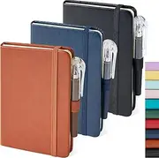 PQCLXUYA 3 Pack Pocket Notebooks with Pen, Small A6 Mini Pocket Size Notepad Journal Notebook for Work, Little Cute Note Book Note pads for Note Taking 3.7" x 5.7", Leather (Blue_Brown_Black)