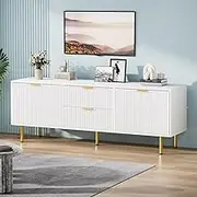 Levede 160cm Entertainment Unit TV Cabinet Stand Metal Legs Mid Century Modern Fluted Storage & 2 Large Drawers, Wood TV Console Table Media Cabinet, TV Stands for Living Room Bedroom,White