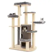 Costway All in 1 Cat Tower Wood Scratching Post Kitty Activity Center Condo House w/Teasing Ball Grey