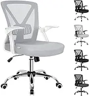 ALFORDSON Ergonomic Office Copmuter Mesh Chair with Recline, Flip-Up Arms & Lumbar Support, Mid Back & Height Adjustable Student Study Desk Seater for Gaming Racing Task, White Grey