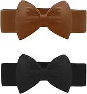 [Allegra K] Women's 2Pcs Bowknot Elastic Belts, 2.4" Width Elegant Cute Stretchy Cinch Waistband for Dress Wedding Black+Yellow Brown Fit Waist:24-32 inches