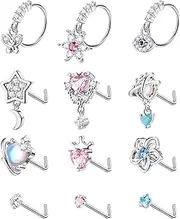 [Sanfenly] 12 Pcs 20G Dangle Nose Rings for Women Nose Stud L Shaped Stainless Steel Nose Ring Hoops Butterfly Heart Moon Flower Evil Eye Crown CZ Dangling Nose Piercing Jewelry