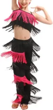 2 Piece Kid Girls Latin Ballroom Dance Costume Tassels Fringe Camisole Pants Set