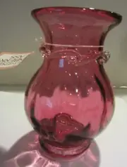 Pilgrim Glass Cranberry Bud Vase Hand Blown Applied Ribbon