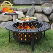 36" Outdoor Fire Pit w/ 2 Grills Lid Poker Cover Wood Burning BBQ Table 3-in-1