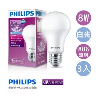 【Philips 飛利浦】第7代 8W LED燈泡 白光 3入組(白光-3顆入)