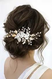 Silver Flower Bride Wedding Hair Comb Pearl Bridal Side Comb Crystal T- Gold