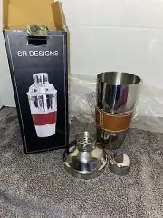 SR Designs Leather Band Stainless Steel Martini Cocktail Shaker New In Box