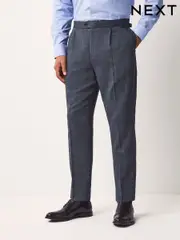 Blue Regular Fit Smart Wool Blend Trousers With Linen and Functional Side Adjusters (AF7730) | $126