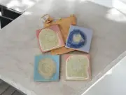 4 New Dock 6 Pottery Geode Tile Coasters Burlap Gift Bag Set Blue Pink Seaglass