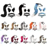 Cat Ears And Wolf Fox Animal Tail Cosplay Costume Faux Fur Hair Clip Headdress Halloween Leather Neck Chocker Set Party Gifts HAW3321BK2