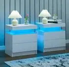 White Set of 2 Bedroom LED Night Stand 2 Drawers Bedside Table End Side Table