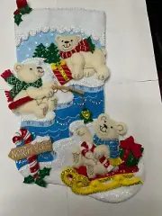 Finished/completed 18" Bucilla Christmas Stocking- "polar Bear Buddies